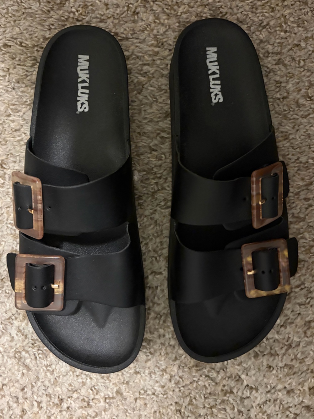 Muk Luks Black Slide Sandals with Tortoiseshell Buckles